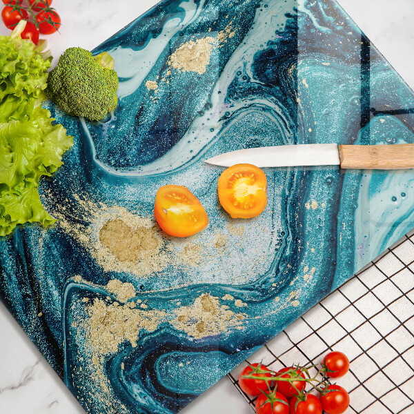 Tabla de cortar de vidrio Abstracción de oro azul