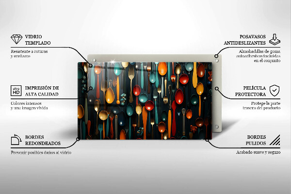 Tabla de cortar de vidrio Cucharas y tenedores de colores