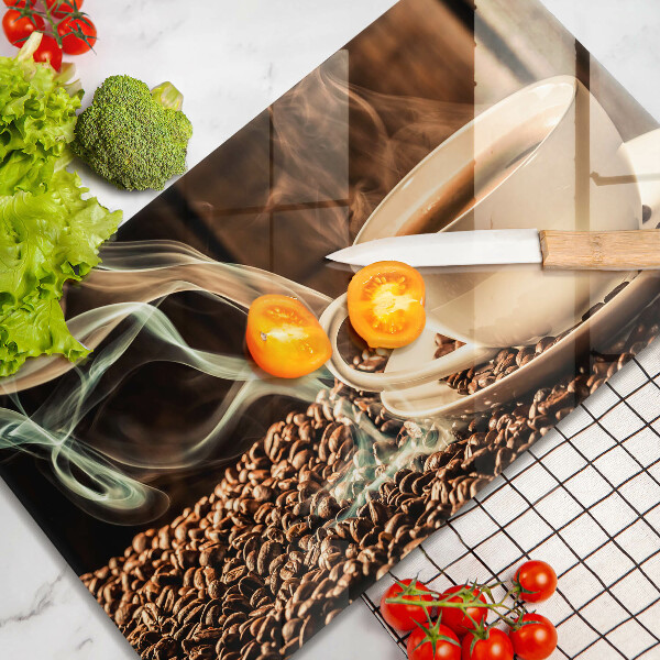 Tabla de cortar de vidrio Taza y granos de café