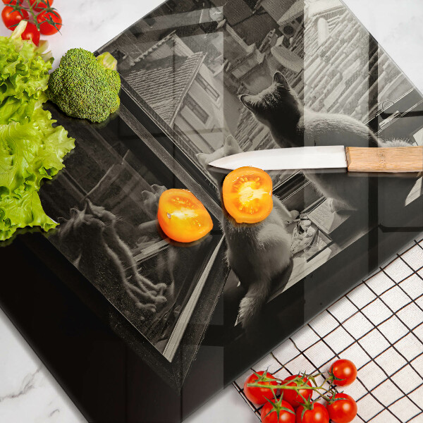 Tabla de cortar de vidrio Ventana y ciudad de gatos