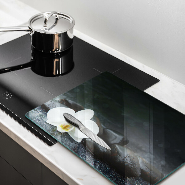 Tabla de cortar de vidrio Piedras zen de flor blanca