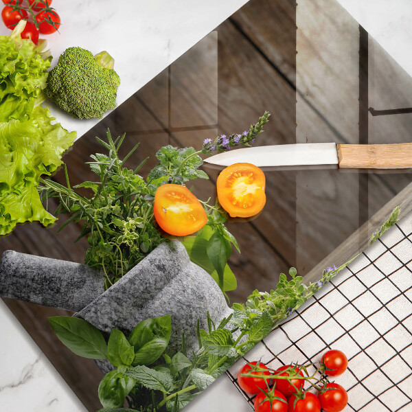 Tabla de cortar de vidrio Plantas hierbas y madera