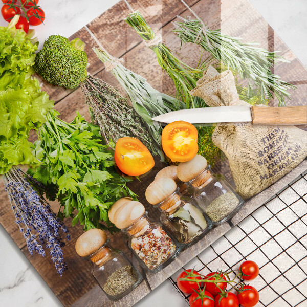 Tabla de cortar de vidrio Hierbas especias y madera