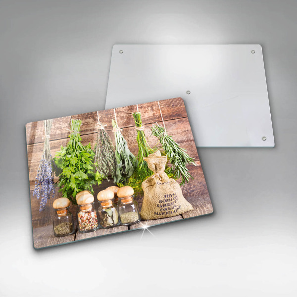 Tabla de cortar de vidrio Hierbas especias y madera