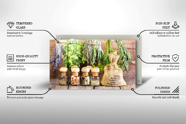 Tabla de cortar de vidrio Hierbas especias y madera