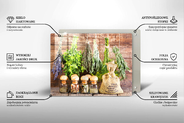 Tabla de cortar de vidrio Hierbas especias y madera