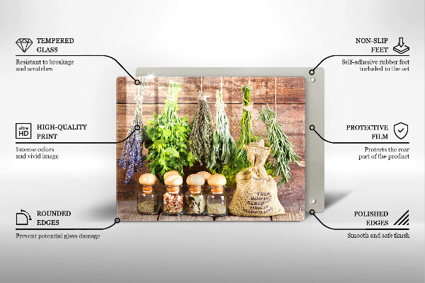 Tabla de cortar de vidrio Hierbas especias y madera