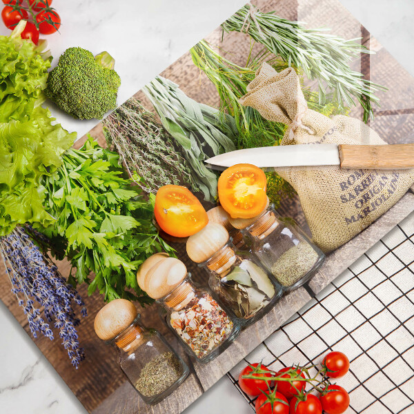 Tabla de cortar de vidrio Hierbas especias y madera