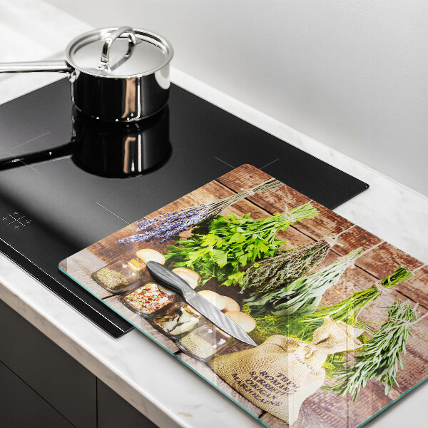 Tabla de cortar de vidrio Hierbas especias y madera