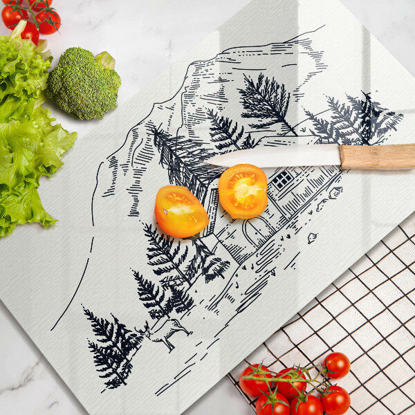 Tabla de cortar de vidrio Dibujo de una cabaña en las montañas