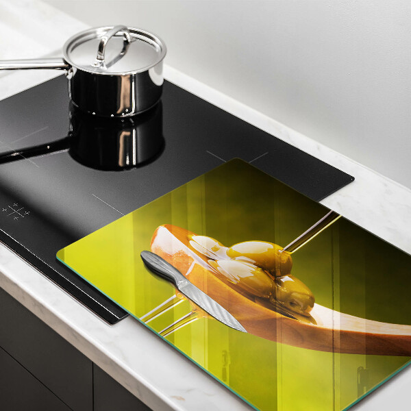 Tabla de cortar de vidrio Aceite de oliva y aceitunas