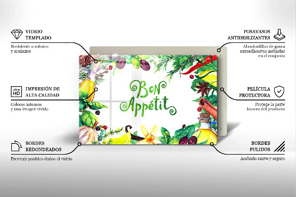 Tabla de cortar de vidrio Inscripción bon appetit