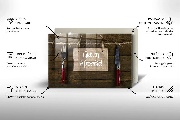 Tabla de cortar de vidrio Inscripción guten appetit sobre tablas de madera