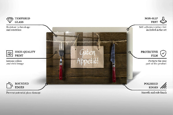 Tabla de cortar de vidrio Inscripción guten appetit sobre tablas de madera