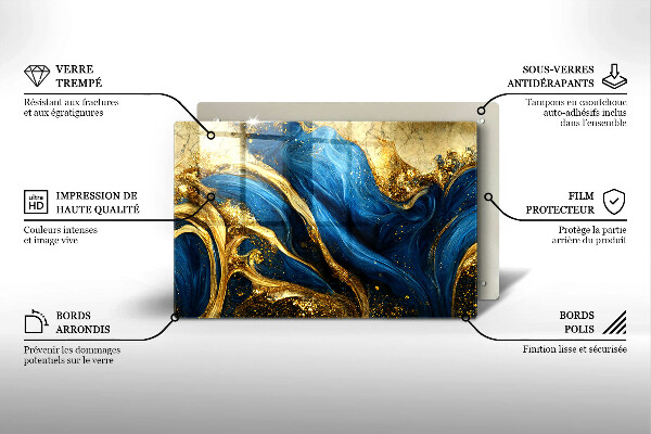 Tabla de cortar de vidrio Mármol azul y dorado