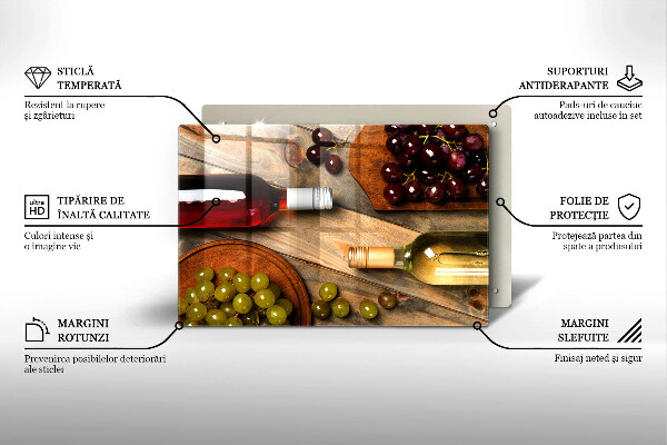 Tabla de cortar de vidrio Botellas de vino y uvas