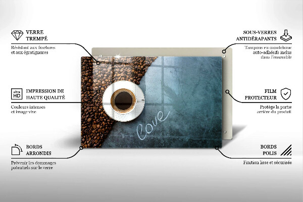 Tabla de cortar de vidrio Granos de café y taza