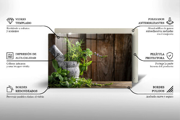 Tabla de cortar de vidrio Plantas hierbas y madera