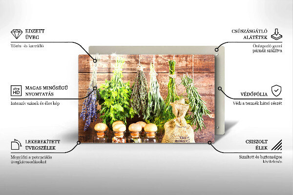 Tabla de cortar de vidrio Hierbas especias y madera