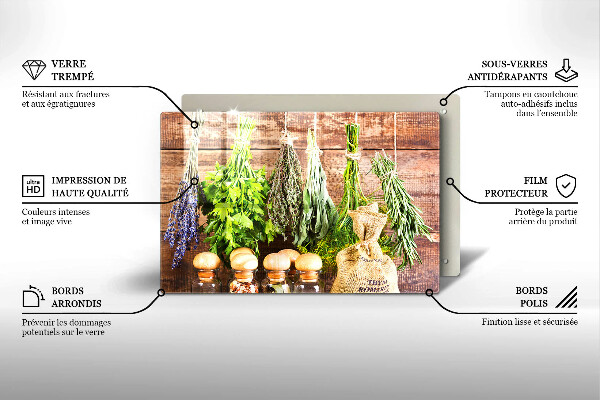 Tabla de cortar de vidrio Hierbas especias y madera