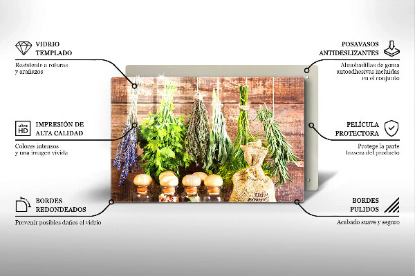 Tabla de cortar de vidrio Hierbas especias y madera