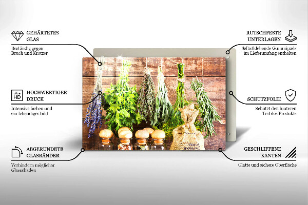 Tabla de cortar de vidrio Hierbas especias y madera