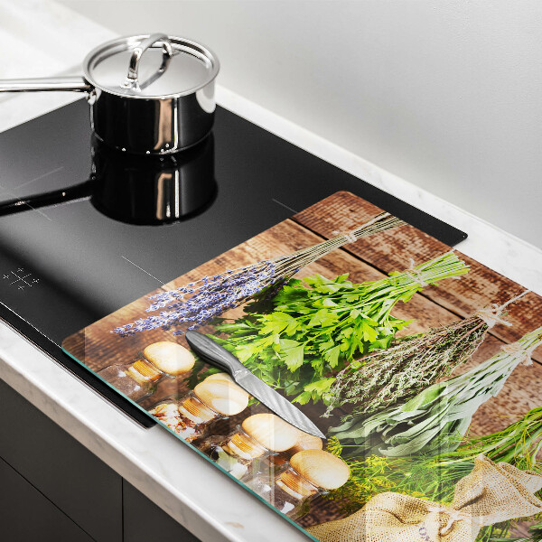 Tabla de cortar de vidrio Hierbas especias y madera