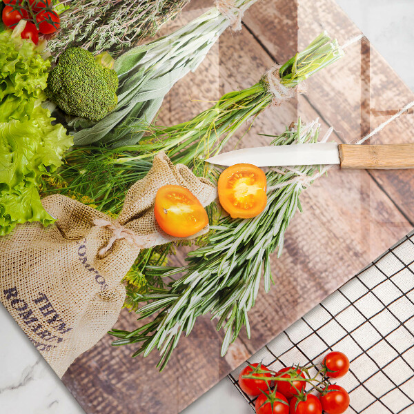 Tabla de cortar de vidrio Hierbas especias y madera
