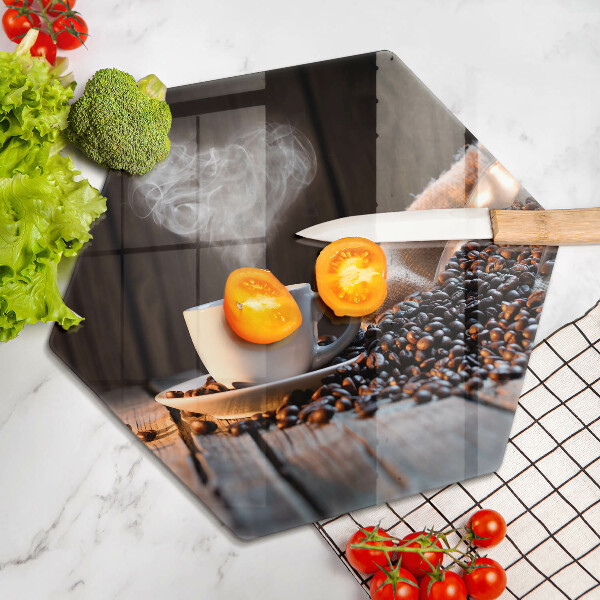 Tabla de cortar de vidrio Taza de café y corazón