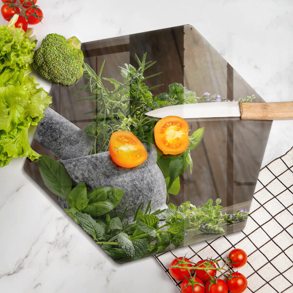 Tabla de cortar de vidrio Plantas hierbas y madera