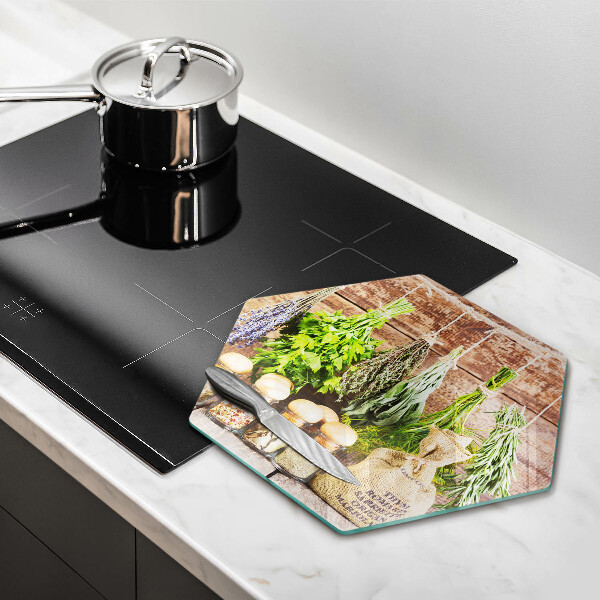 Tabla de cortar de vidrio Hierbas especias y madera