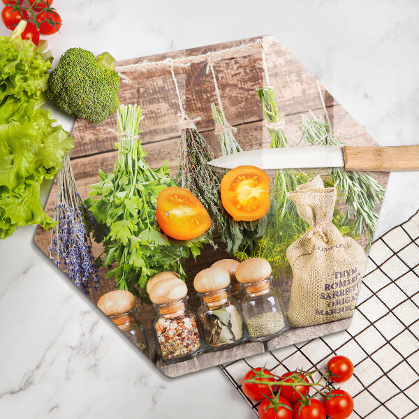 Tabla de cortar de vidrio Hierbas especias y madera