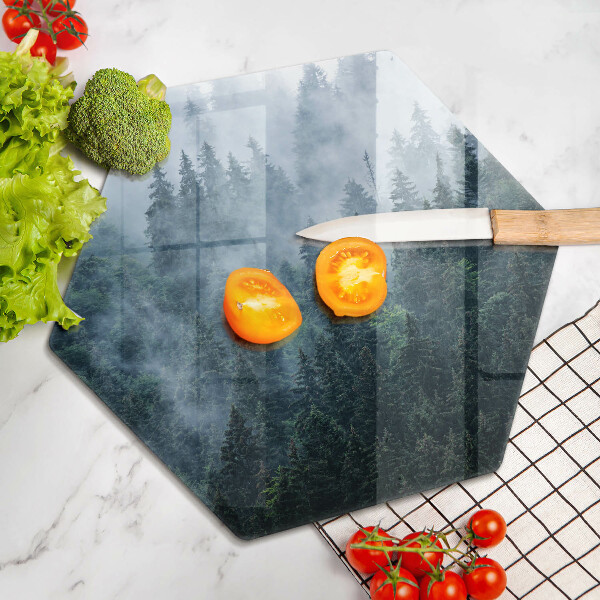 Tabla de cortar de vidrio Árboles forestales y niebla