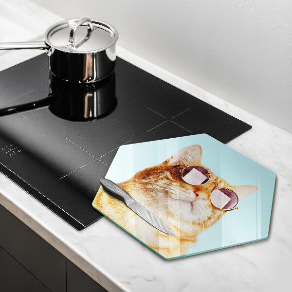 Tabla de cortar de vidrio Gato rojo con gafas