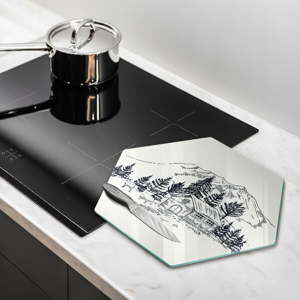 Tabla de cortar de vidrio Dibujo de una cabaña en las montañas