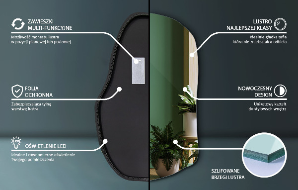 Espejo organico con luz led único 100x65 cm