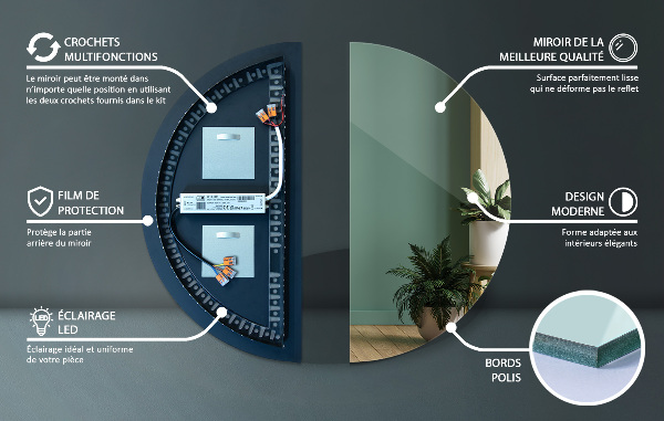 Espejo en forma de medio círculo con led 35x70 cm