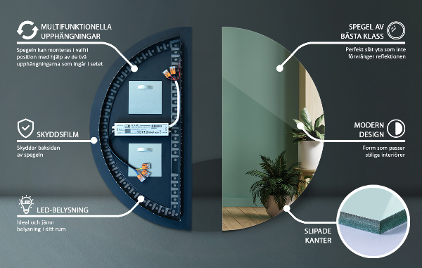 Espejo semicircular con luz led 50x100 cm