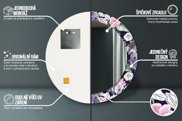 Espejo redondo marco con estampado decorativo Pájaros garzas