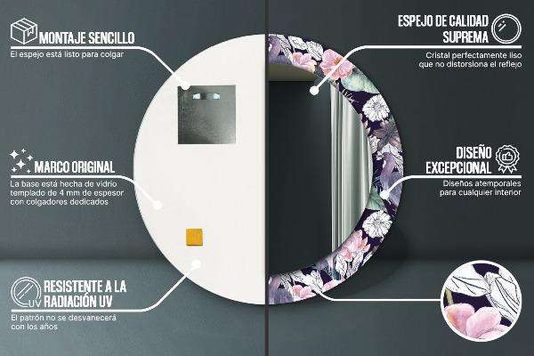 Espejo redondo marco con estampado decorativo Pájaros garzas