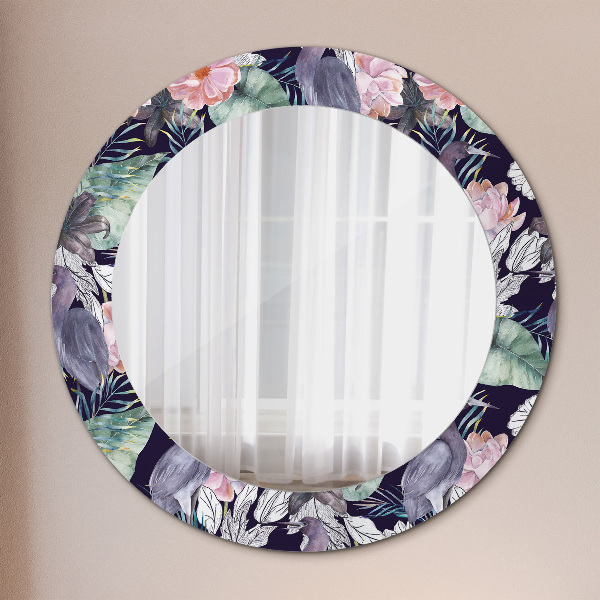 Espejo redondo marco con estampado decorativo Pájaros garzas