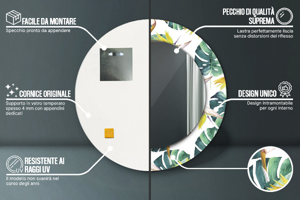 Espejo redondo con decoración Hojas tropicales