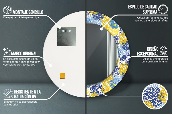 Espejo redondo marco con estampado decorativo Flores azules