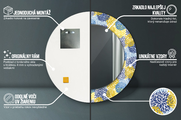 Espejo redondo marco con estampado decorativo Flores azules