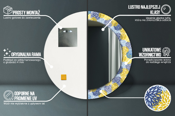 Espejo redondo marco con estampado decorativo Flores azules