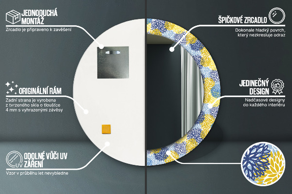 Espejo redondo marco con estampado decorativo Flores azules