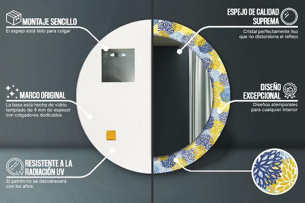 Espejo redondo marco con estampado decorativo Flores azules