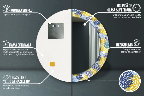 Espejo redondo marco con estampado decorativo Flores azules