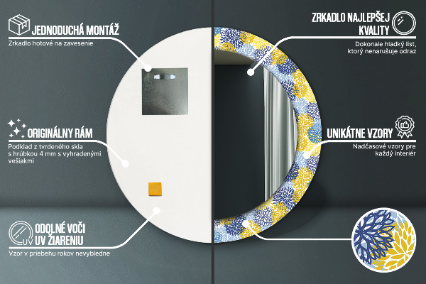 Espejo redondo marco con estampado decorativo Flores azules