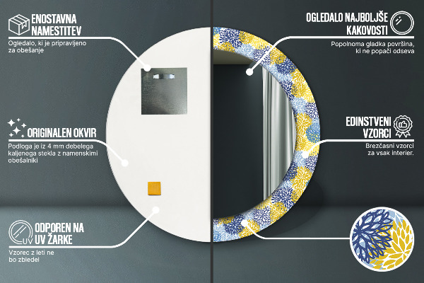 Espejo redondo marco con estampado decorativo Flores azules